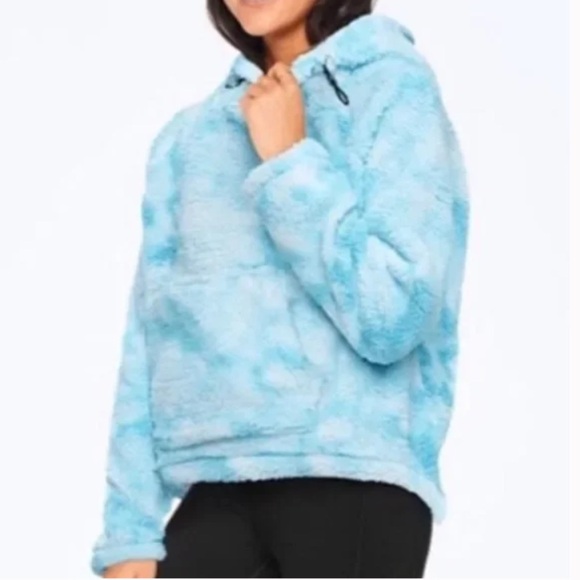 PINK Victoria's Secret Tops - PINK Victorias Secret Women M Blue Tie Dye Sherpa Teddy Cozy Hoodie Sweatshirt